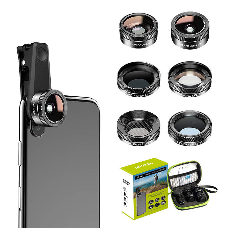 Mobile lens kit APEXEL APL-DG6V2 6 in 1 universal (black), Mobile lens kit APEXEL APL-DG6V2 6 in 1 universal (black), Zestaw obiektywów do telefonu APEXEL APL-DG6V2 6w1 uniwersalne
