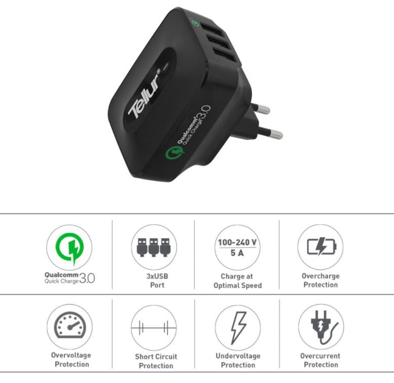 Tellur AC Charger QC 3.0 3*USB Ports (1 Port QC 3.0 &amp; 2 USB Port 2.4A) Black