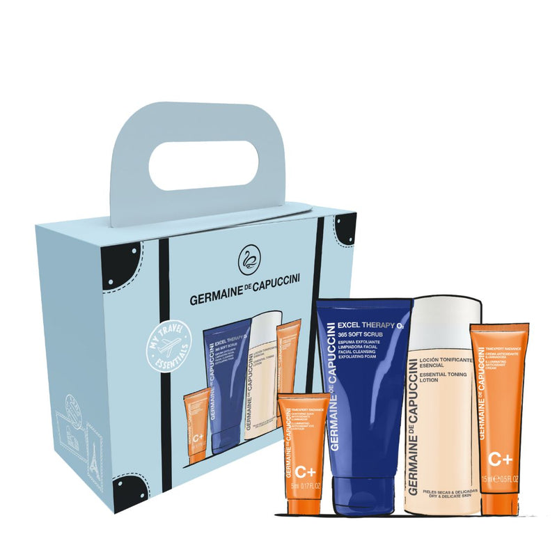 Germaine de Capuccini TRAVEL SKIN CARE KIT EXCEL THERAPY O2 Facial Scrub + OPTIONS Toning Facial Lotion + TIMEXPERT RADIANCE C+ Antioxidant Brightening Cream + TIMEXPERT RADIANCE C+ Brightening Eye Cream