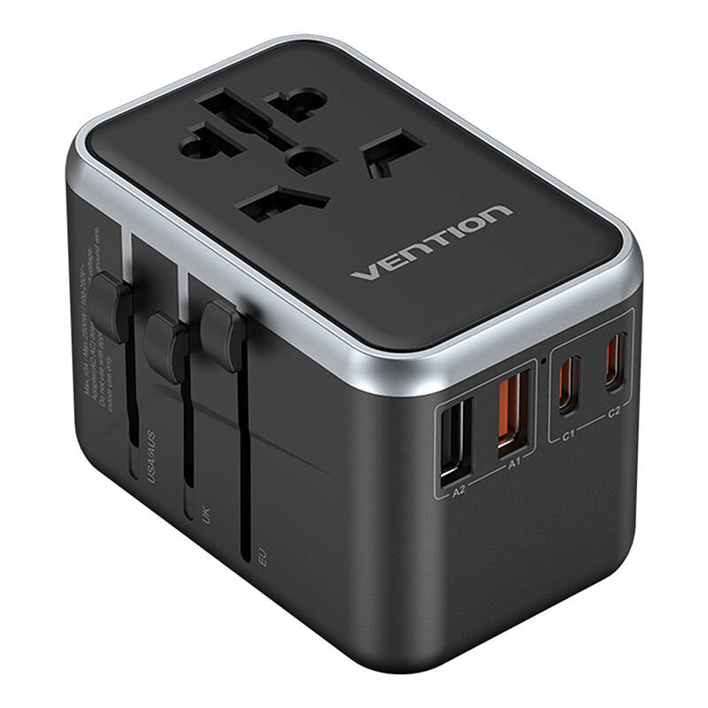 Vention FJFB0 GaN 2xUSB-C 2xUSB-A Universal Travel Adapter 65W (black), Adapter podróżny uniwersalny 65W Vention FJFB0 GaN 2xUSB-C 2xUSB-A (czarny)