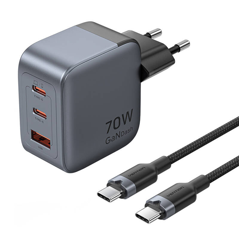 GaN Vention USB-C+C+A 70W Charger + USB-C-C Cable 1m (Gray), Ładowarka GaN Vention USB-C+C+A 70W + Kabel USB-C-C 1m (Szara)