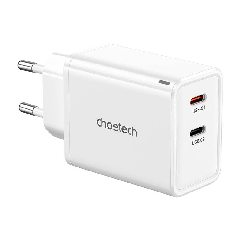 Choetech PD6013, GaN, 2x USB-C, PD65W network charger (white), Ładowarka sieciowa Choetech PD6013, GaN, 2x USB-C,  PD65W (biała)