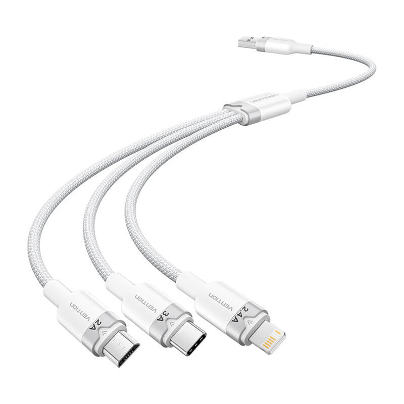 USB 2.0 A to 3in1 3A cable Vention CTPWG 1.5M (white), Kabel USB 2.0 A do 3w1 3A Vention CTPWG 1.5M (biały)