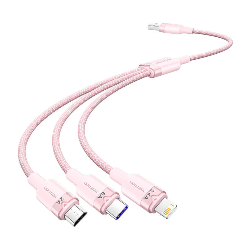 USB 2.0 A to 3-in-1 6A cable Vention CTRPG 1.5M (pink), Kabel USB 2.0 A do 3w1 6A Vention CTRPG 1.5M (różowy)