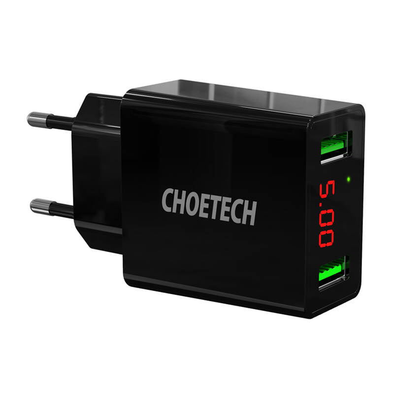 C0028 2*USB-A network charger with display (black), Ładowarka sieciowa C0028 2*USB-A z wyświetlaczem (czarna)