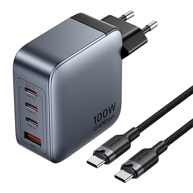Vention power charger 3x USB-C, 1x USB-A, (100W/100W/30W/30W) (grey) with USB-C to USB-C cable (1m) (black), Ładowarka sieciowa Vention 3x USB-C, 1x USB-A, (100W/100W/30W/30W) (szara) z kablem USB-C do USB-C (1m) (czarny)