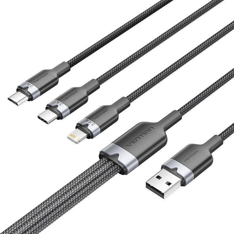 USB 2.0 A male to 3-in-1 USB-C, Lightning and Micro-B male cable Vention 3A CTPBG 1.5m, Kabel USB 2.0 A męski do 3 w 1 USB-C, Lightning i Micro-B męskie Vention 3A CTPBG 1.5m