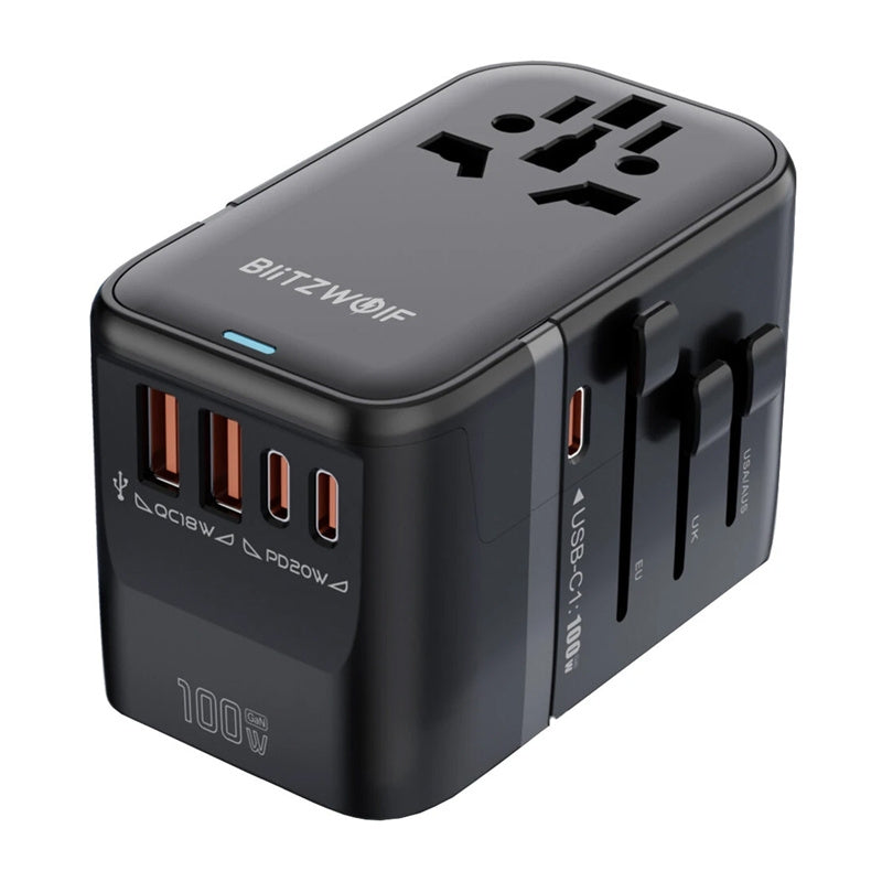 Blitzwolf BW-TA2 5-in-1 Travel Adapter 2xUSB PD + 2xC QC + C GaN 100W, Adapter Podróżny 5w1 Blitzwolf BW-TA2 2xUSB PD + 2xC QC + C GaN 100W