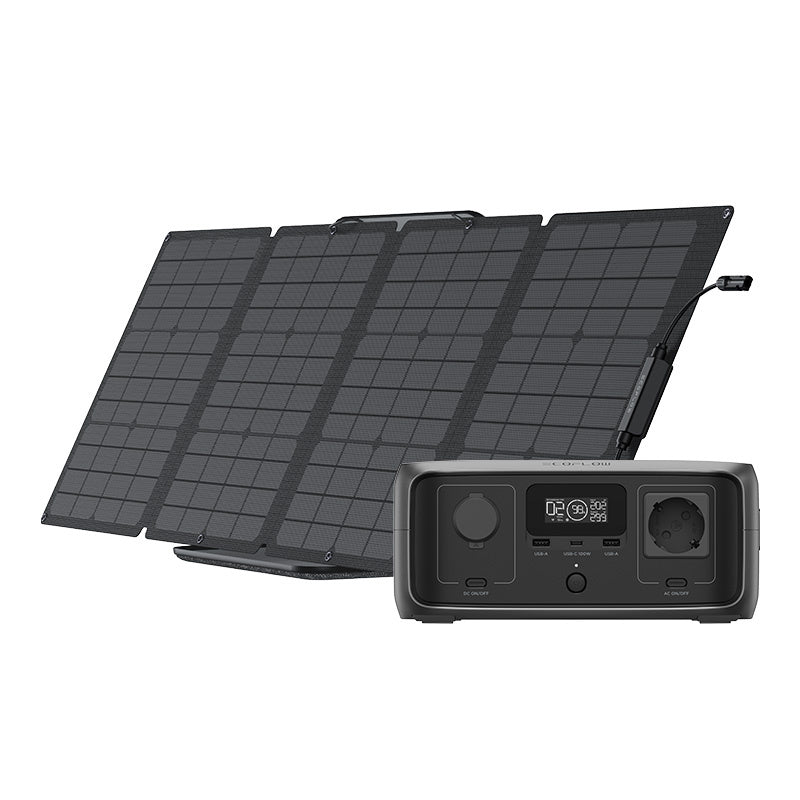 Set: EcoFlow River 3 UPS power station + 110W photovoltaic panel., Zestaw: Stacja zasilania EcoFlow River 3 UPS + panel fotowoltaiczny 110W
