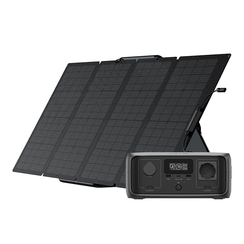 Set: EcoFlow River 3 UPS power station + 160W photovoltaic panel., Zestaw: Stacja zasilania EcoFlow River 3 UPS + panel fotowoltaiczny 160W
