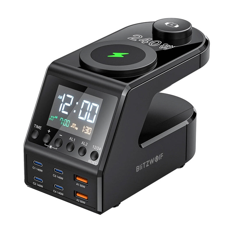 Blitzwolf BW-FW10 alarm clock with charger 2xUSB-A, 4xUSB-C, 240W, Budzik z ładowarką Blitzwolf BW-FW10 2xUSB-A, 4xUSB-C, 240W
