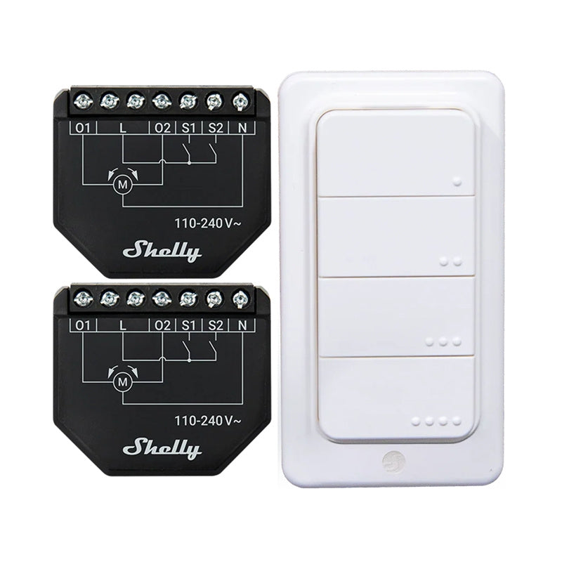 Set of 2 Blind/curtain WiFi controllers Shelly Shutter + BLU RC Button 4, Zestaw 2 Sterowników do żaluzji / zasłon WiFi Shelly Shutter + BLU RC Button 4
