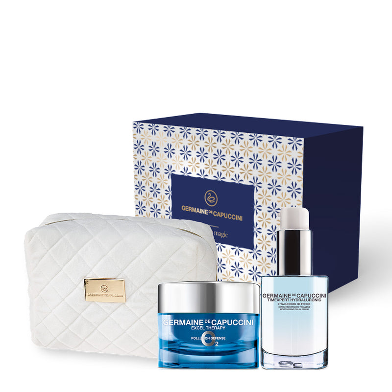 Germaine de Capuccini GIFT SET GOLDEN HOURS - DEEP MOISTURIZATION ROUTINE (EXCEL THERAPY O2 POLLUTION face cream with oxygen + TIMEXPERT HYDRALURONIC moisturizing serum 3D FORCE, for 24-hour facial skin hydration)