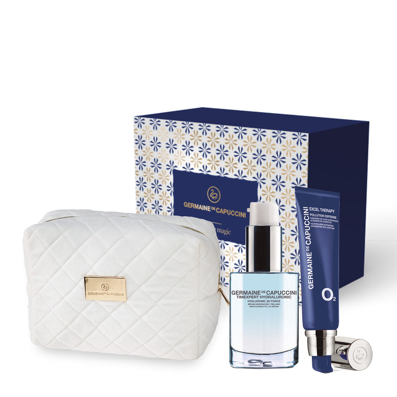 Germaine de Capuccini GIFT SET GOLDEN HOURS - DEEP MOISTURIZATION ROUTINE (EXCEL THERAPY O2 POLLUTION face emulsion with oxygen + TIMEXPERT HYDRALURONIC moisturizing serum 3D FORCE, for 24-hour facial skin hydration)