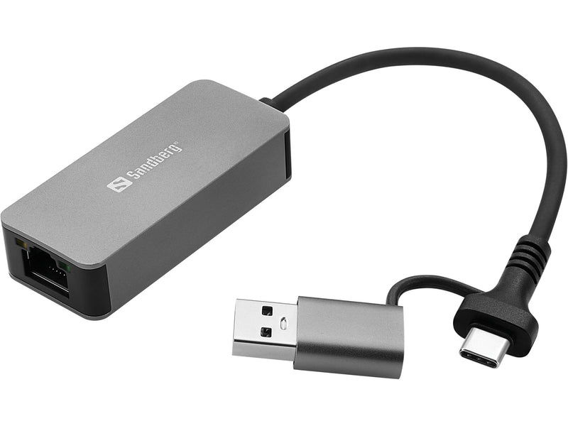Sandberg 136-68 USB-C/A 2.5 GbE RJ45 Adapter, 2.5 Gigabit Ethernet on USB-C
