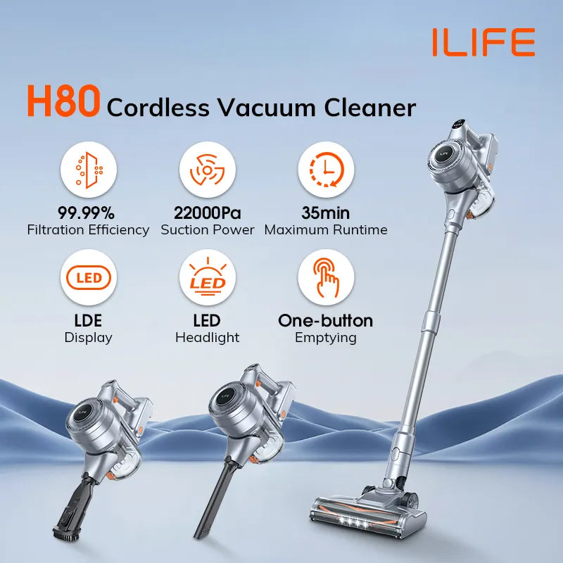 ILIFE H80 Wireless Handheld Robot Vacuum Cleaner, 21kPa Suction Power, 1.2L Dust Tank, 40 Minute Time, LED Lighting, Removable Battery 