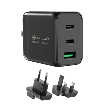 Настенное зарядное устройство Tellur GaN 65 Вт, 3 порта, 2xUSB-C + USB-A, ЕС, Великобритания, США, черный