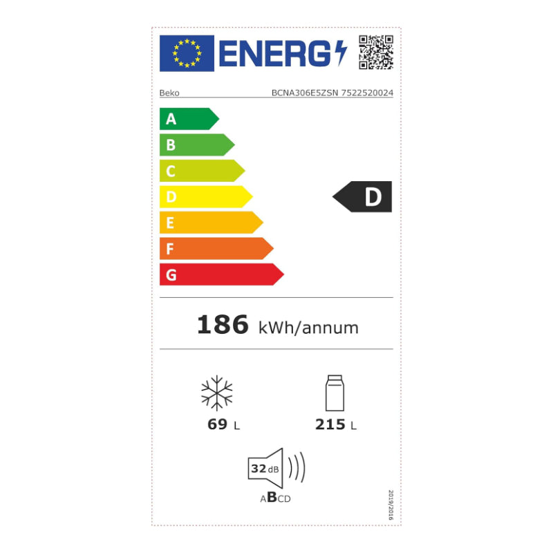 BEKO Refrigerator BCNA306E5ZSN Built In, 193.5cm, Energy class D, HarvestFresh, Neo Frost, Metal Wall 