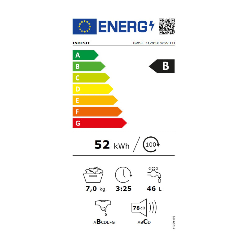 INDESIT Washing Machine BWE 71295X WSV EE, 7 kg, 1200rpm, Energy class B, Depth 57.5cm, White/Damaged package