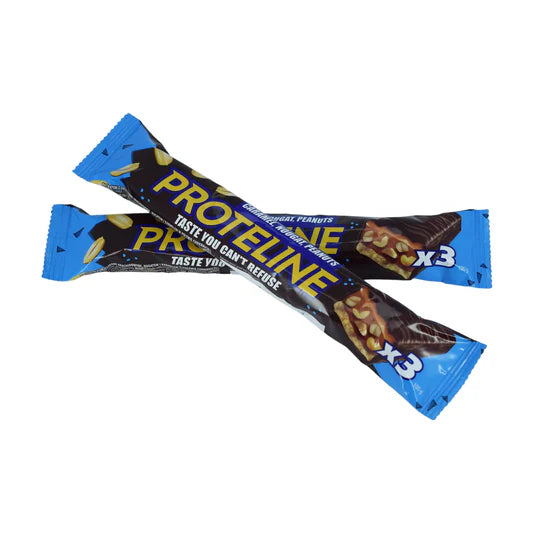 PROTELINE - batonėlis su žemės riešutais, riešutais ir karamele, glazūruotas konditerine glazūra (100 g)