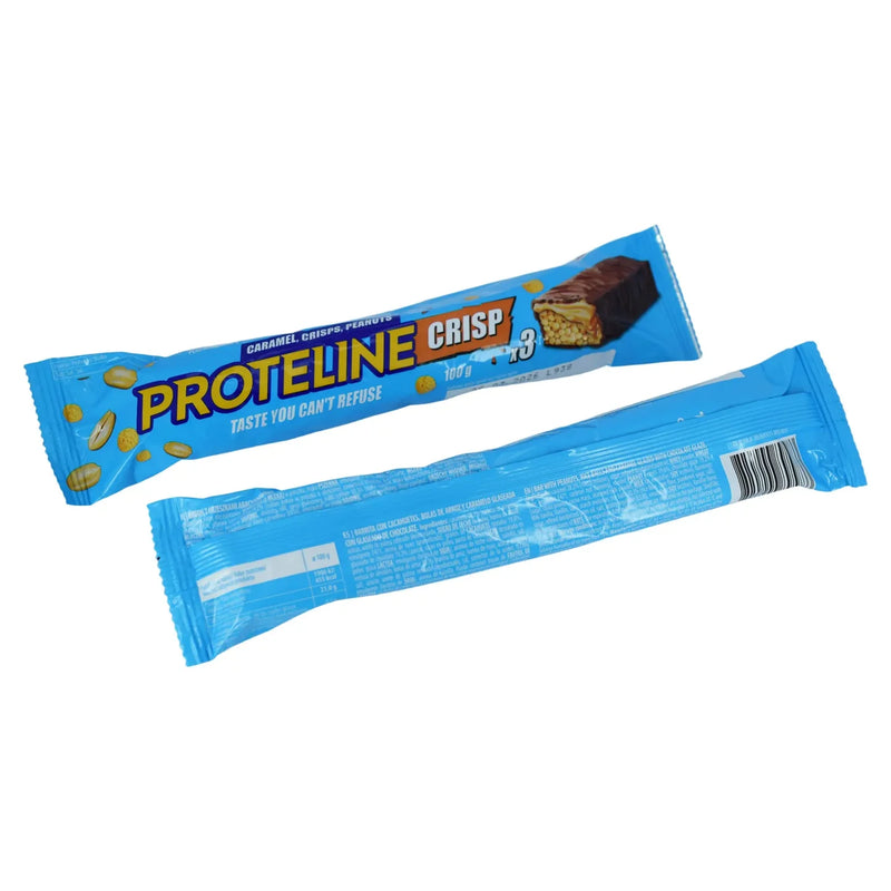 PROTELINE - batonėlis su žemės riešutais, ryžių rutuliukais ir karamele, glazūruotas šokolado glajumi (100 g)