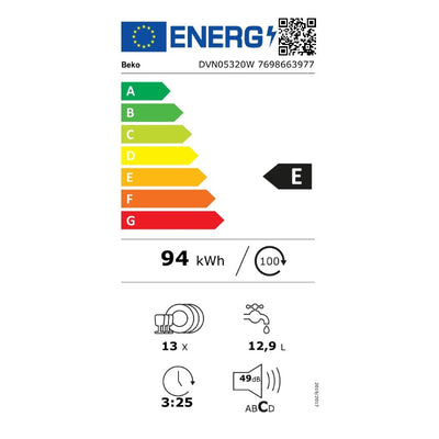 BEKO Freestanding Dishwasher DVN05320W, Energy class E, Width 60 cm, White