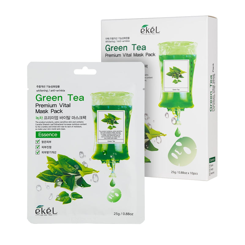 EKEL Green Tea Premium Vital Mask Pack veido kaukė su žaliosios arbatos ekstraktu, 10 x 25 g.