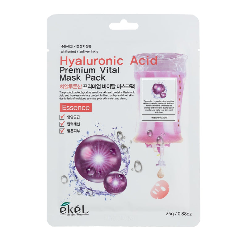 EKEL Hyaluronic Acid Premium Vital Mask Pack veido kaukė su hialurono rūgštimi, 25 g.