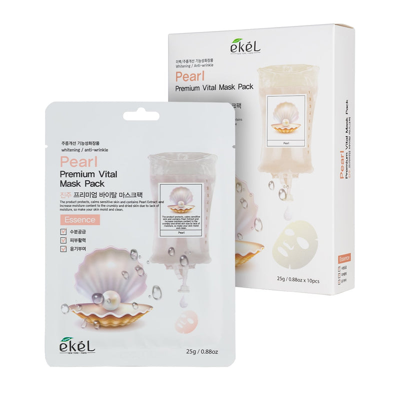 EKEL Pearl Premium Vital Mask Pack veido kaukė su perlų ekstraktu, 10 x 25 g.