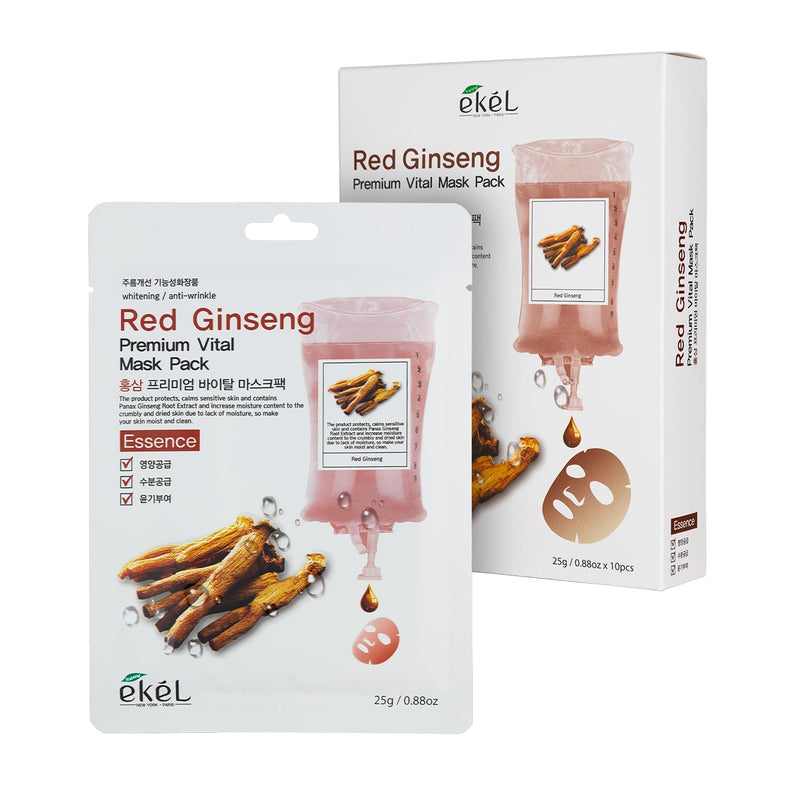 EKEL Red Ginseng Premium Vital Mask Pack veido kaukė su raudonojo ženšenio ekstraktu, 10 x 25 g.