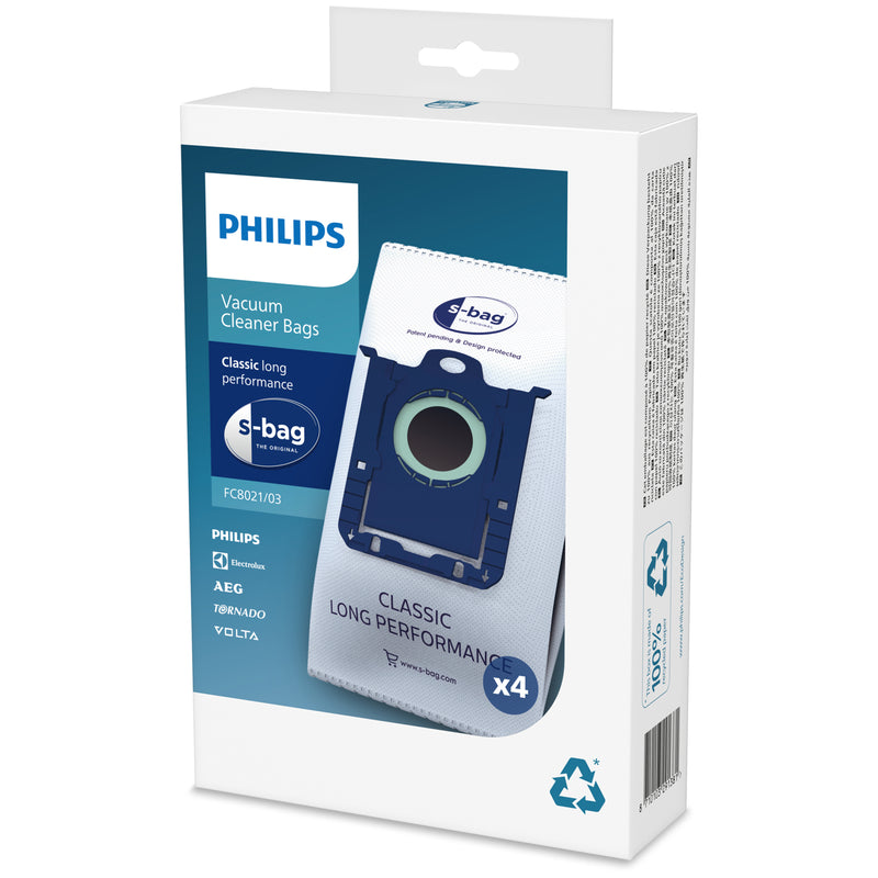 Philips s-bag Vacuum cleaner bags FC8021/03 4 x dust bags One standard fits all 50% longer lifetime 15% more capacity