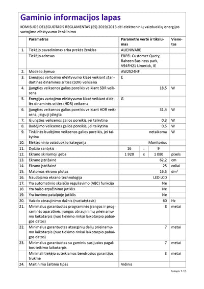 Игровой монитор Alienware 25 AW2524HF — 62,20 см 