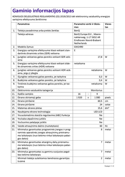 СВЕТОДИОДНЫЙ МОНИТОР 23,8 Вт GW2490 ЧЕРНЫЙ