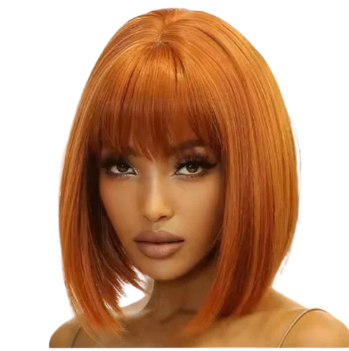 Sintetinių plaukų perukas su ryškia vario oranžine spalva ir stilingu bob kirpimu