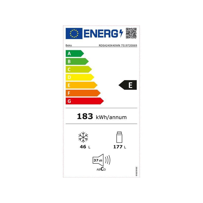 Холодильник BEKO RDSA240K40WN, Класс энергопотребления Е, Высота 146,5 см, Белый