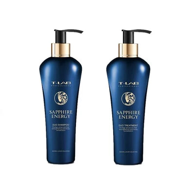 T-LAB Rinkinys| T-LAB Professional Sapphire Energy Duo Shampoo – šampūnas plaukų stiprinimui 300ml, Sapphire Energy Duo Treatment – kondicionierius-kaukė plaukų stiprinimui 300ml