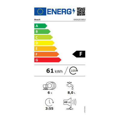 BOSCH Countertop Dishwasher SKS62E38EU, Width 55 cm, 6 Programs, Energy class F, AquaStop, Inox