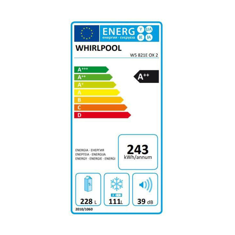 WHIRLPOOL Refrigerator W5 821E OX 2, 188.9 cm, Energy class E, Stop frost