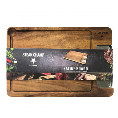 Steak Champ cutting board with sauce containers