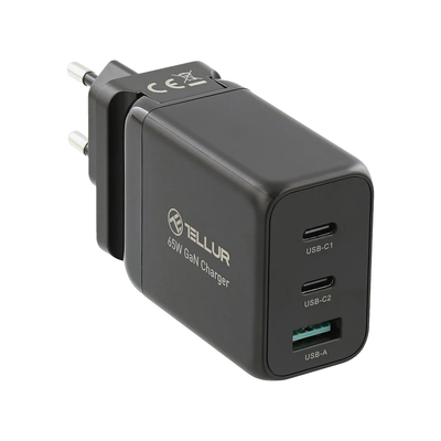 Настенное зарядное устройство Tellur GaN 65 Вт, 3 порта, 2xUSB-C + USB-A, ЕС, Великобритания, США, черный