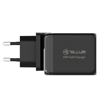 Tellur GaN 65W 3-port wall charger, 2xUSB-C + USB-A, EU,UK,US, black