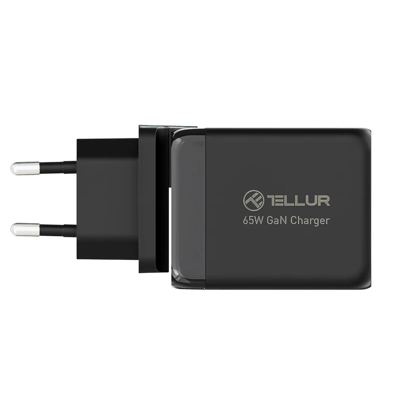 Настенное зарядное устройство Tellur GaN 65 Вт, 3 порта, 2xUSB-C + USB-A, ЕС, Великобритания, США, черный