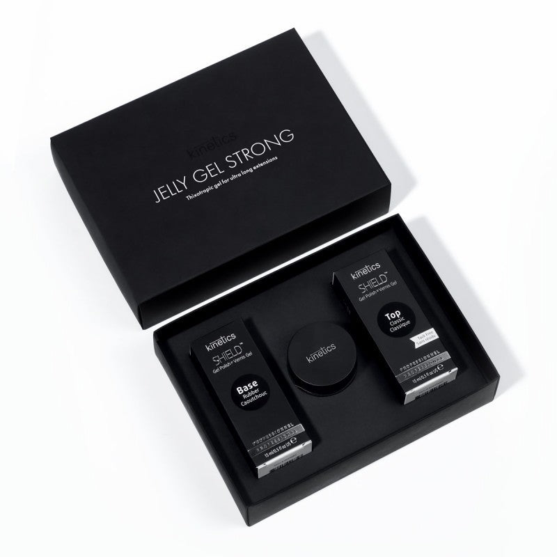 Gelio, gelinio nagų lako pagrindo ir viršutinio gelinio nagų lako sluoksnio rinkinys Kinetics Jelly Gel Strong Try Me Kit KJGSK02