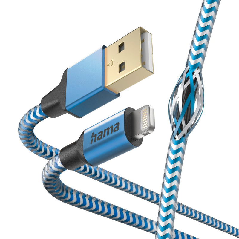 Hama 00201553 Reflective Charging Cable, USB-A - Lightning 1.5m Nylon blue