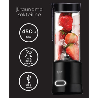 Įkraunama nešiojama kokteilinė su titanu dengtais ašmenimis Zyle, ZY02RBB, juodos spalvos