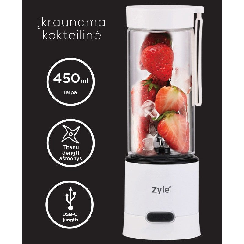 Įkraunama nešiojama kokteilinė su titanu dengtais ašmenimis Zyle, ZY02RBW, baltos spalvos