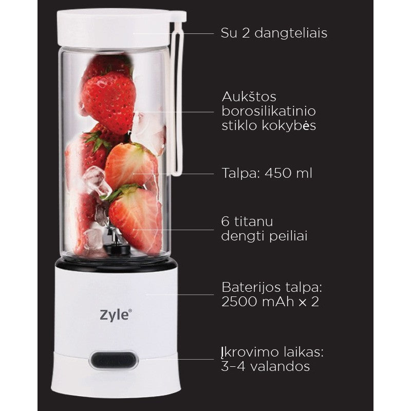 Įkraunama nešiojama kokteilinė su titanu dengtais ašmenimis Zyle, ZY02RBW, baltos spalvos