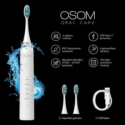 Įkraunamas, elektrinis, garsinis dantų šepetėlis OSOM Oral Care Sonic Toothbrush White OSOMORALM1WH, baltos spalvos