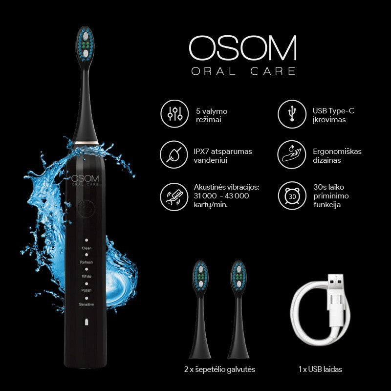 Аккумуляторная электрическая звуковая зубная щетка OSOM Oral Care Toothbrush Black OSOMORALM1BL, черный цвет