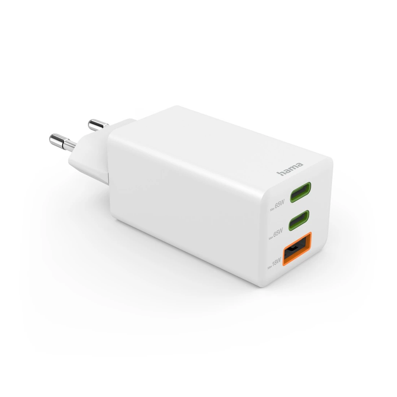 Hama 00201996 Fast Charger GaN, 2x USB-C, 1x USB-A, Mini Charger, PD, 65W, White